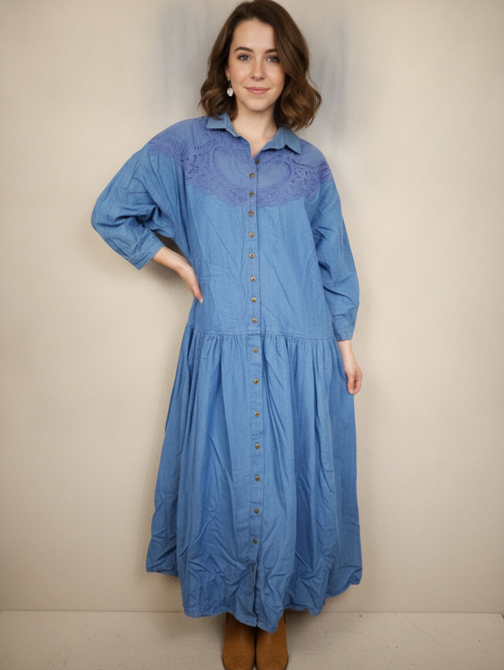 Vintage Cotton 3X Blue Cotton Button-Down Midi Dress